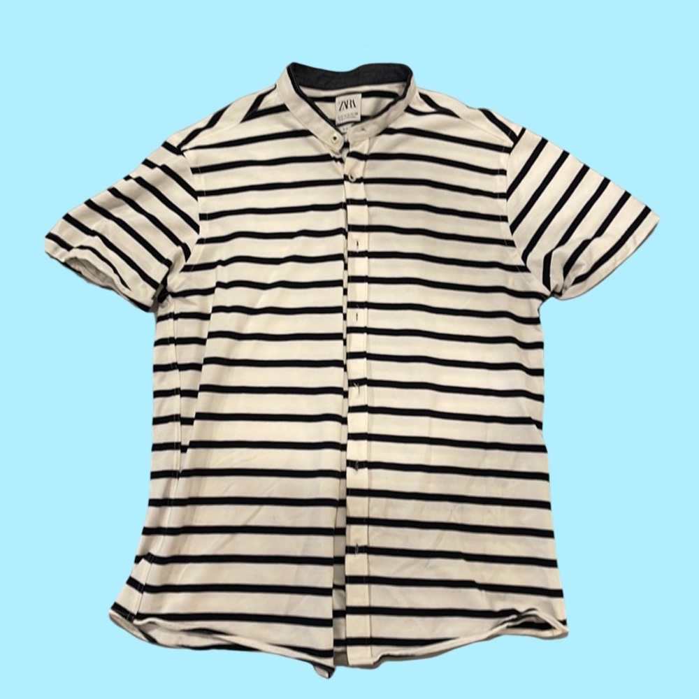 Zara - Stripes Collarless Shirt - Size M - Slim Fit
